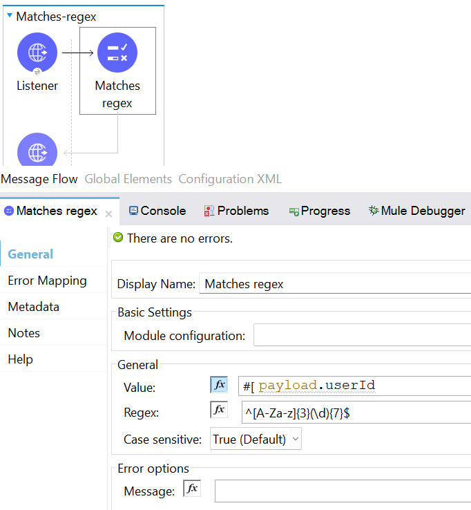 Configure the Matches Regex Operation